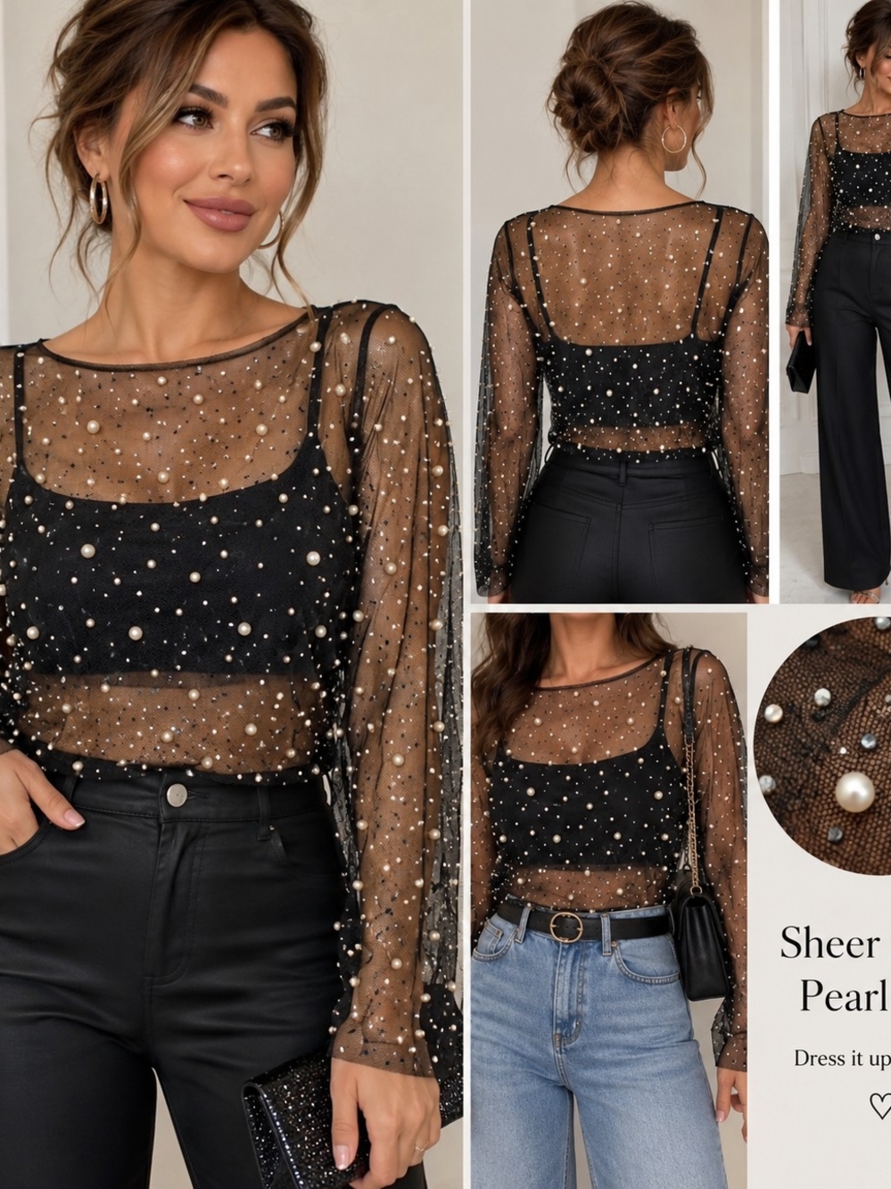 Sheer Black Pearl-Embellished Long Sleeve Top